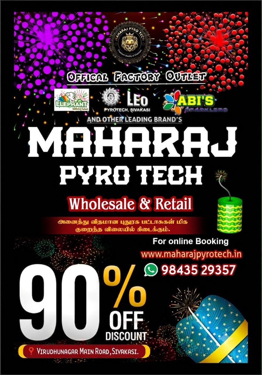 Maharaj Pyro Tech Diwali offer poster: 90 percent off discount, official factory outlet